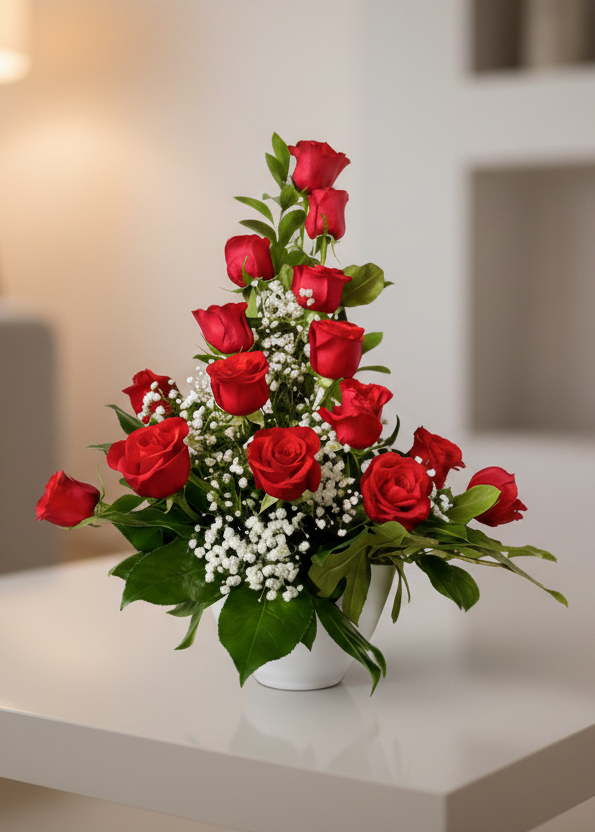 Classic arrangement of 15 red roses and greenery. Perfect for Valentine's.
Gladys Flowers Miami.