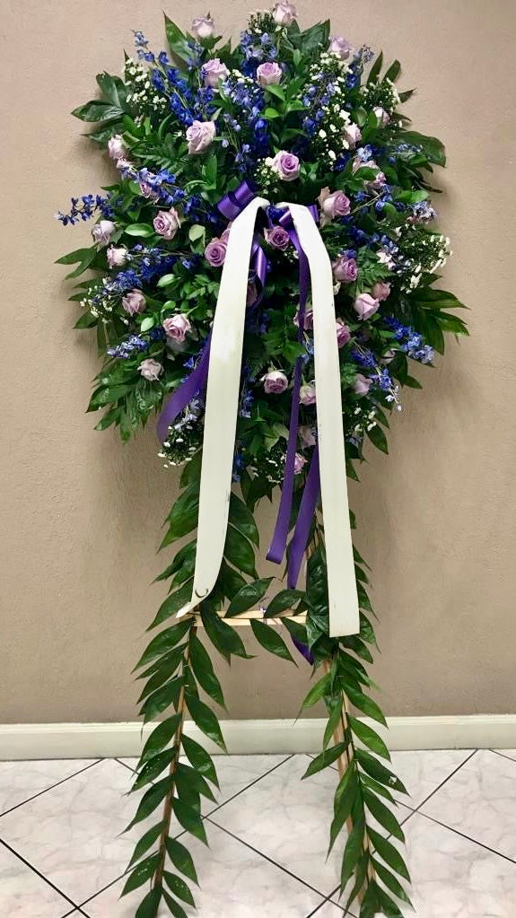 GLW086 - PURPLE ROSES, BLUE ORCHIDS AND LUSH GREENERY (Standing Arrangement)