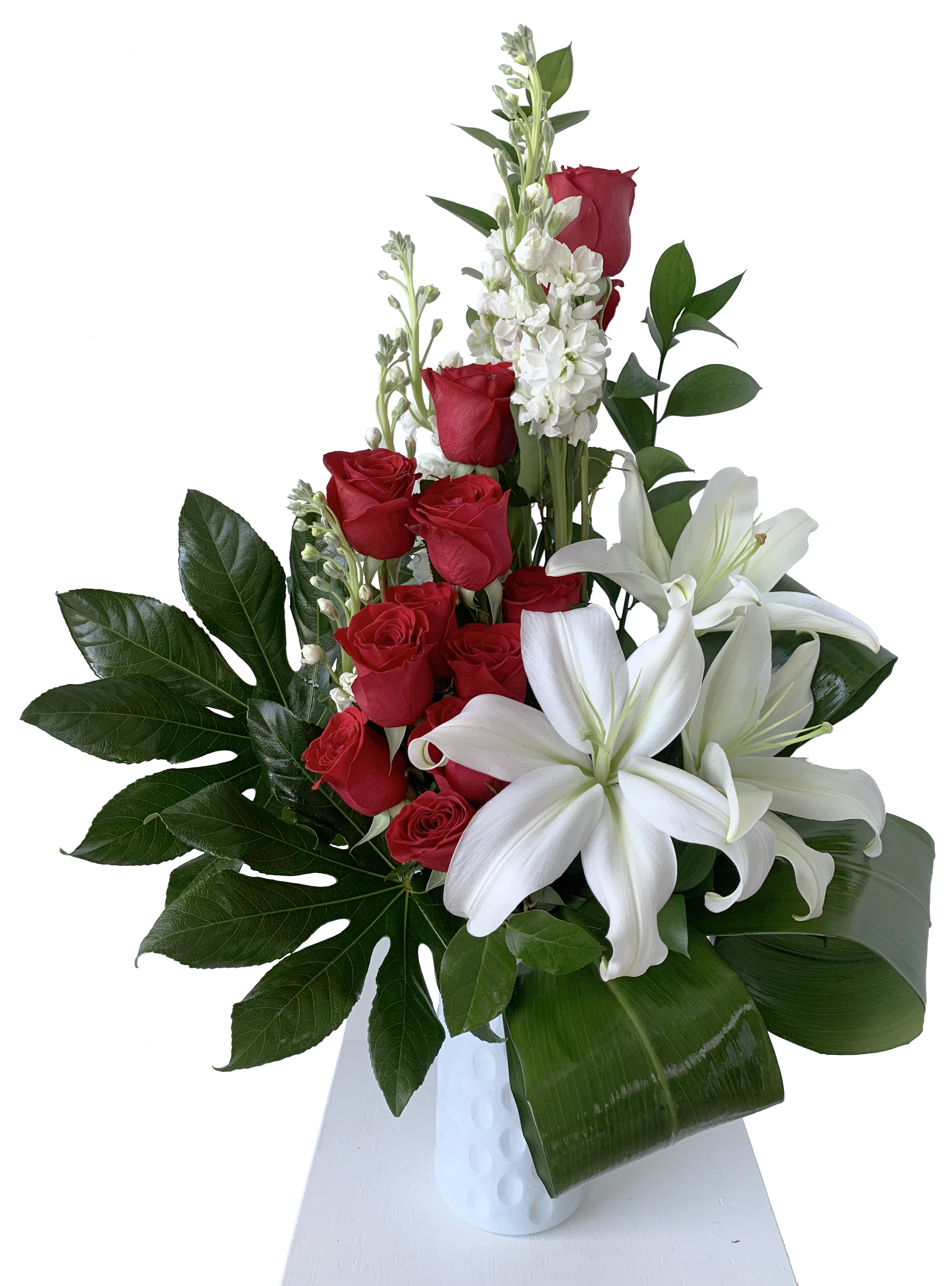 GLV-18 - 12 Roses, Lilies and Stocks Arrangement