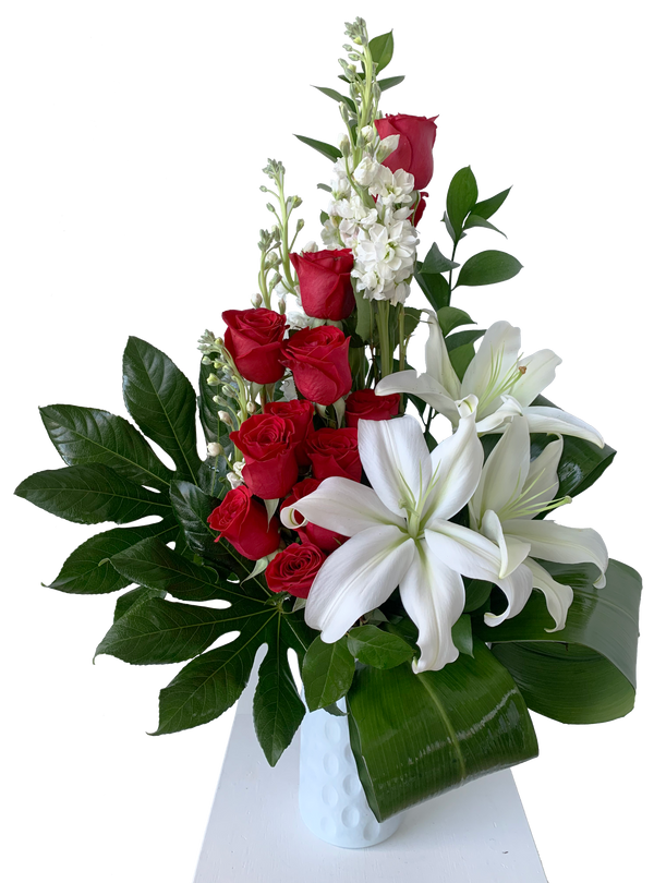 GLV-18 - 12 Roses, Lilies and Stocks Arrangement