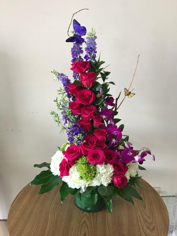 GLW094 - ROSES, HYDRANGEAS, PURPLE STOCK AND ORCHIDS (with Little Butterflies)