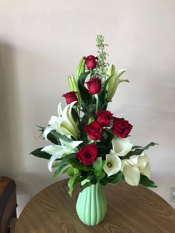 GLW112 - RED ROSES, LILIES, CALLAS, WHITE STOCK AND GREENERY