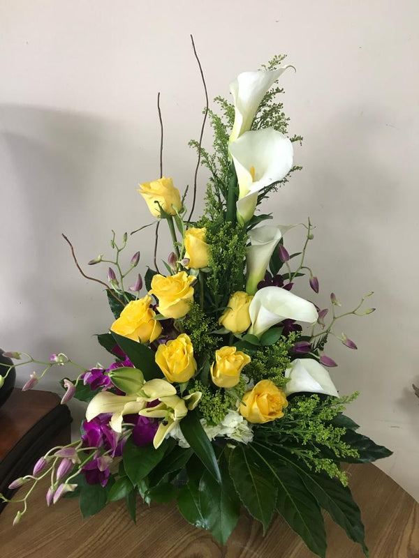 GLW118 - YELLOW ROSES, WHITE CALLAS, DENDROBIUM ORCHIDS, LILIES, AND GREENERY
