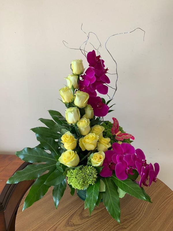 GLW120 - PURPLE ORCHIDS, YELLOW ROSES, HYDRANGEAS AND GREENERY