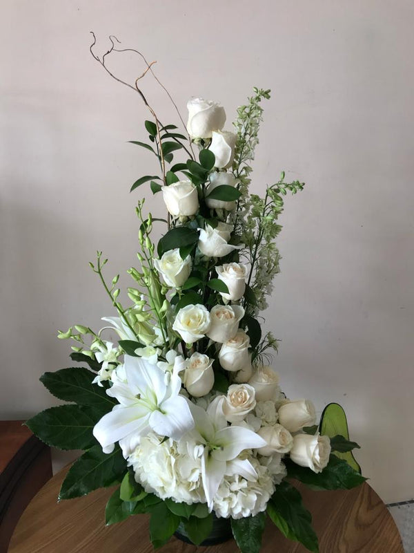 GLW122 - WHITE FLOWERS ARRANGEMENT - ROSES, LILIES, HYDRANGEAS, STOCK AND GREENERY