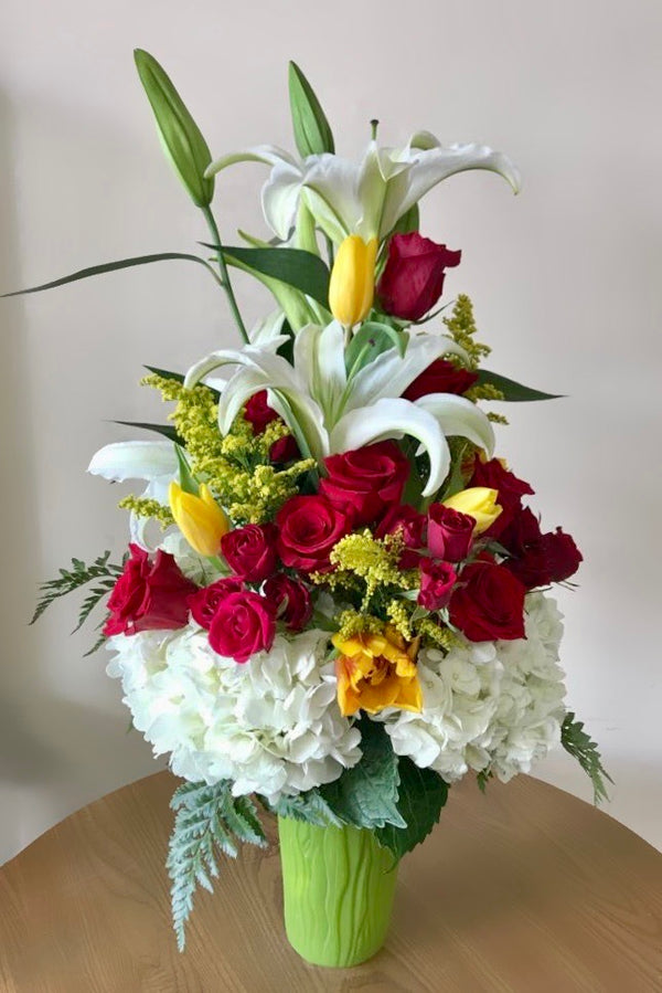 GLW121 - RED ROSES, LILLIES, SOLIDAGO, HYDRANGEAS AND GREENERY