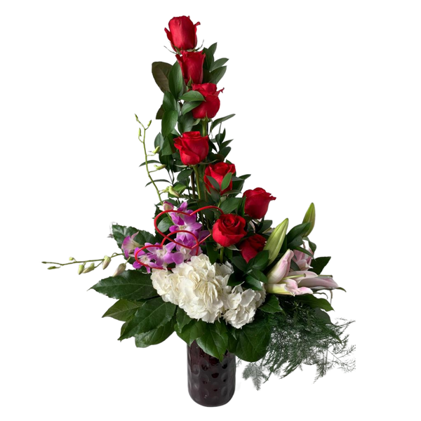 GLW140 - RED ROSES, DENDROBIUM ORCHIDS, HYDRANGEAS, LILLIES AND GREENERY