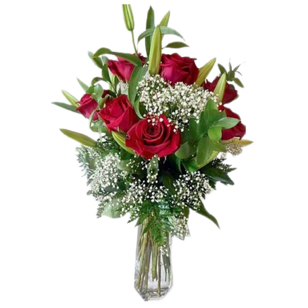 GLW045 - ROSES, LILIES AND GREENS (Crystal Vase)